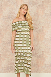 Yumi Green Stripe Crochet Knit Bardot Midi Dress