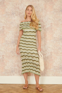 Yumi Green Stripe Crochet Knit Bardot Midi Dress