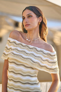 Yumi Beige Stripe Crochet Knit Bardot Midi Dress