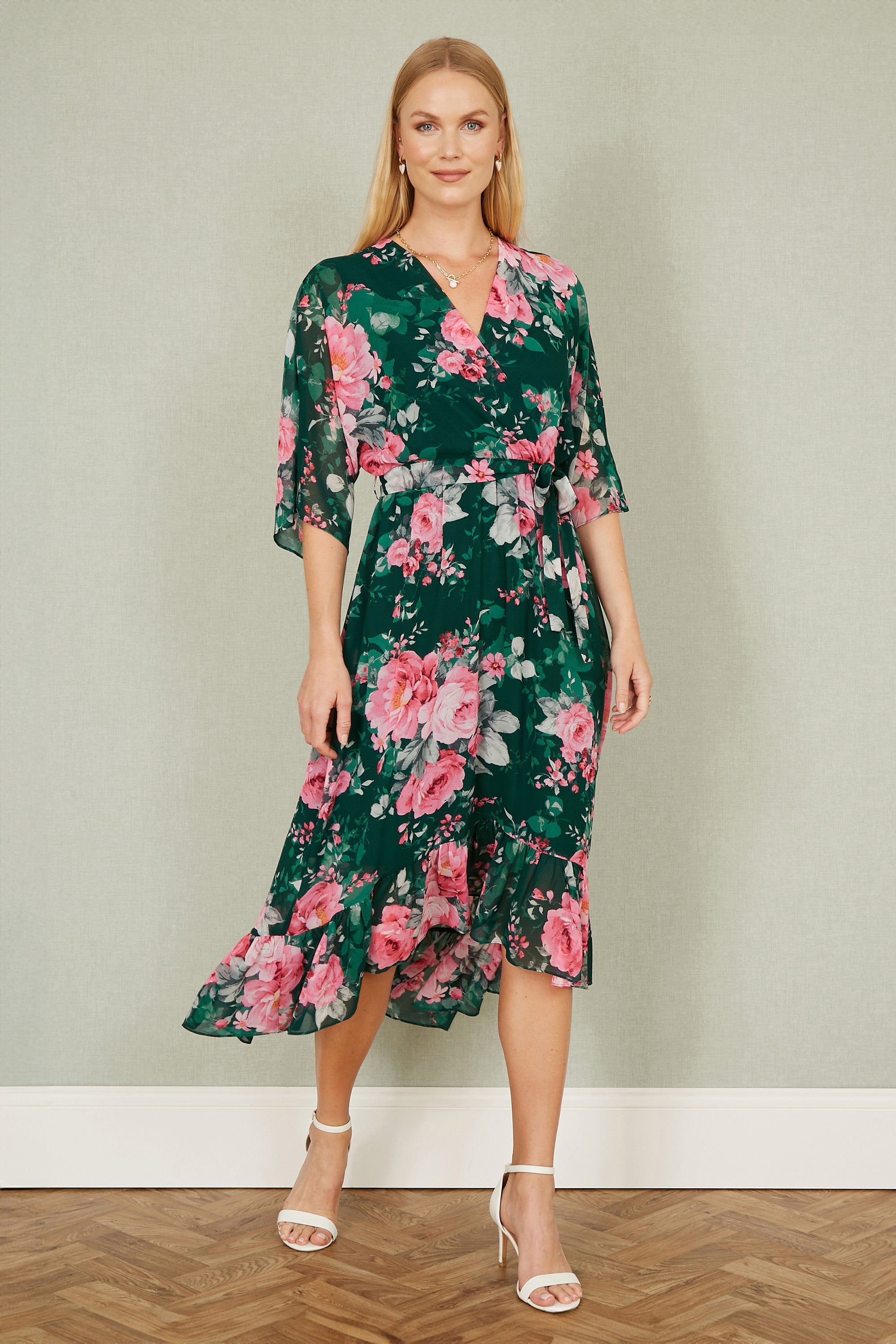 Yumi Dark Green Kimono Sleeves Midi Dip Hem Wrap Midi Dress