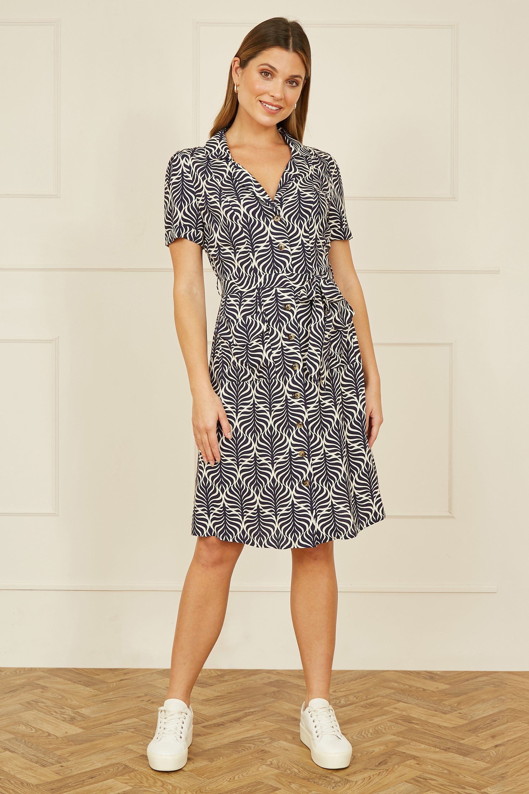 Yumi Navy Leaf Print Retro Shirt Dress