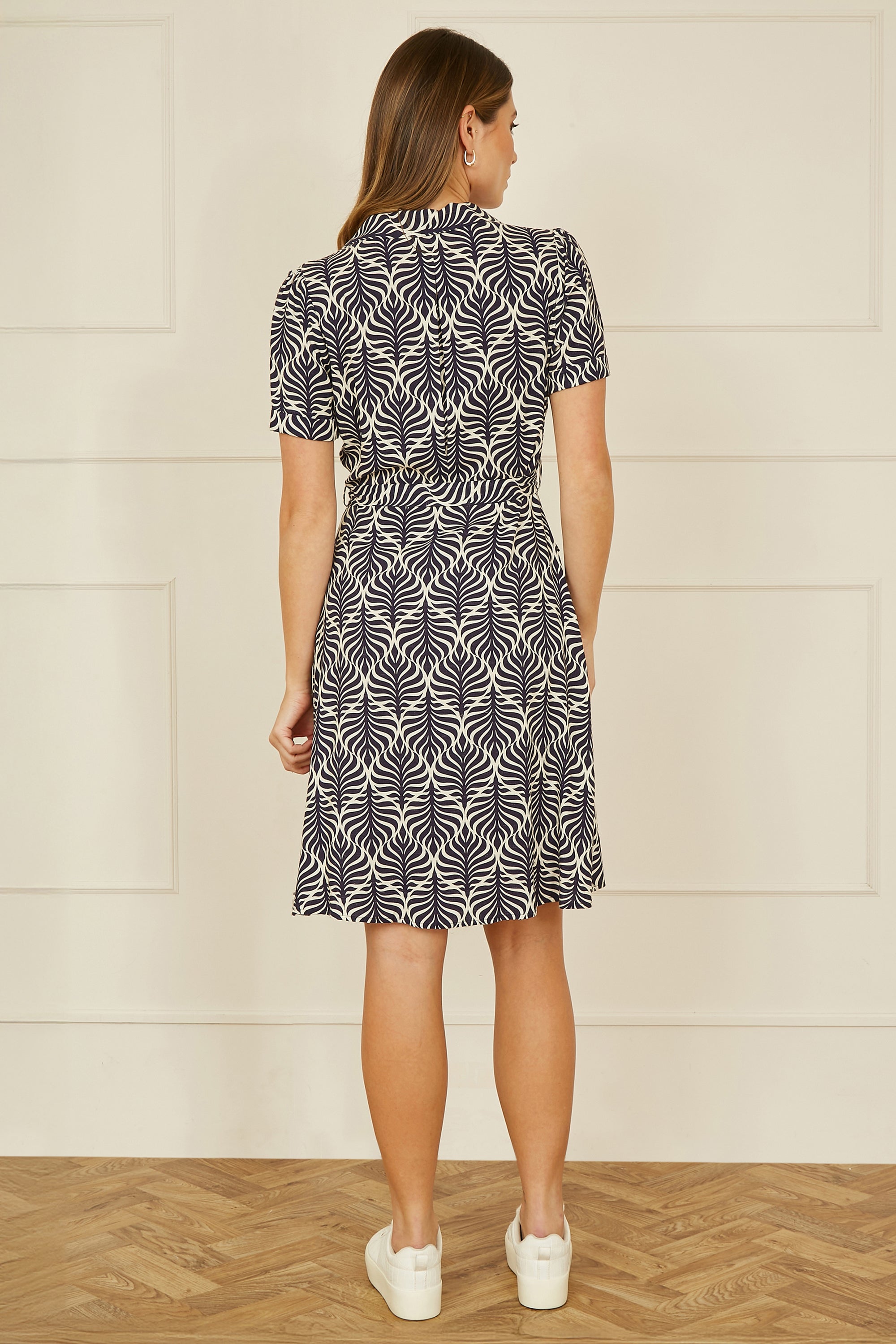 Yumi Navy Leaf Print Retro Shirt Dress