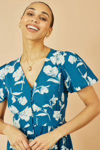 Yumi Teal Floral Midi Dress with Button Down Detail