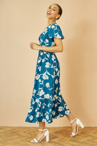Yumi Teal Floral Midi Dress with Button Down Detail
