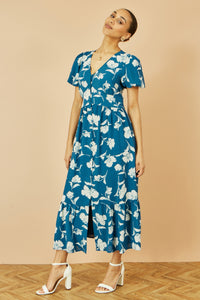 Yumi Teal Floral Midi Dress with Button Down Detail