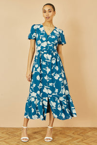 Yumi Teal Floral Midi Dress with Button Down Detail