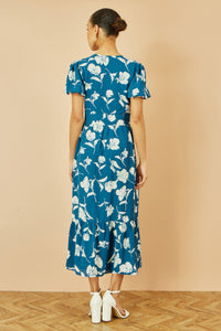 Yumi Teal Floral Midi Dress with Button Down Detail