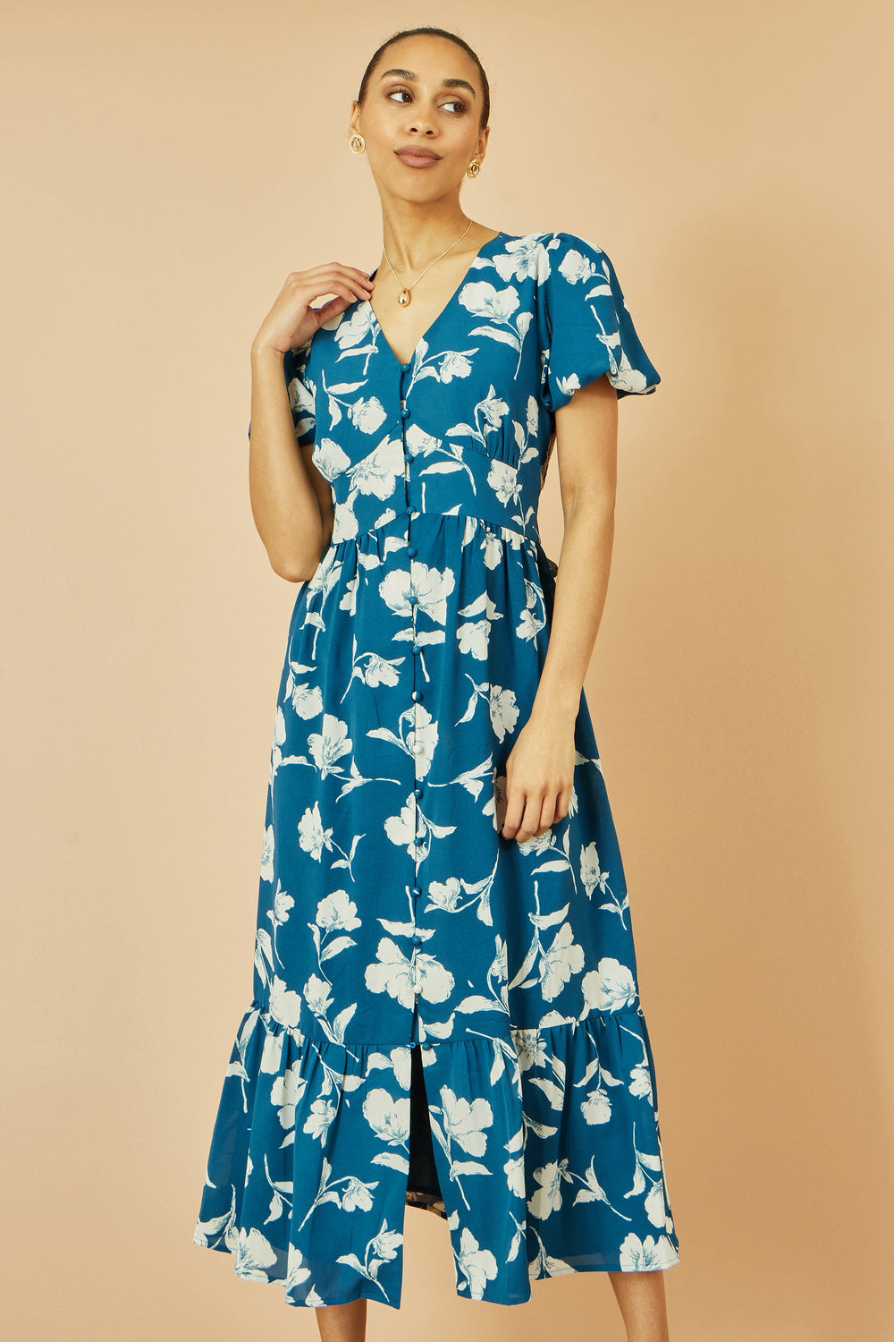 Yumi Teal Floral Midi Dress with Button Down Detail