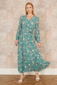 Yumi Mint Green Floral Pleated Long Sleeve Wrap Over Midi Dress