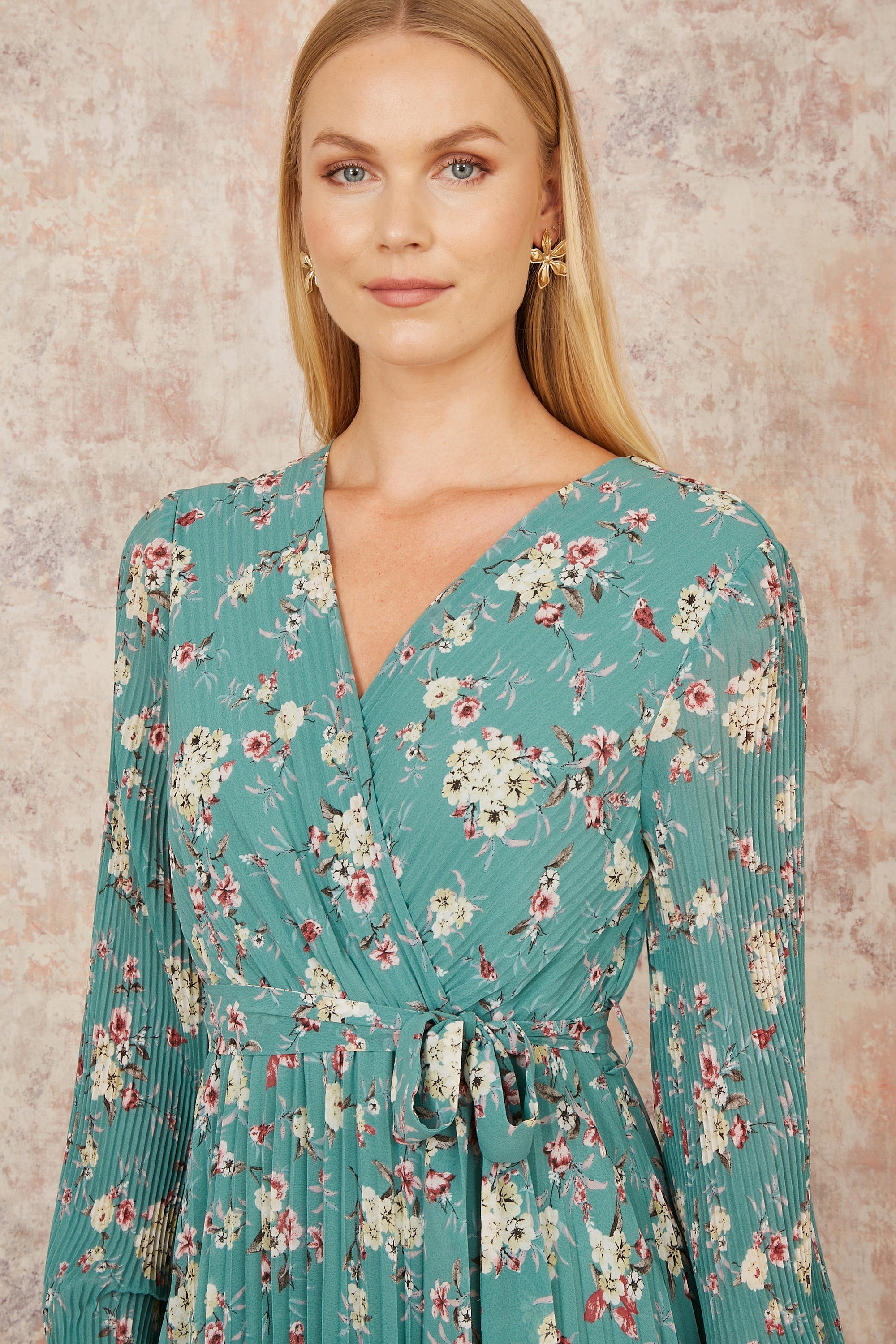 Yumi Mint Green Floral Pleated Long Sleeve Wrap Over Midi Dress