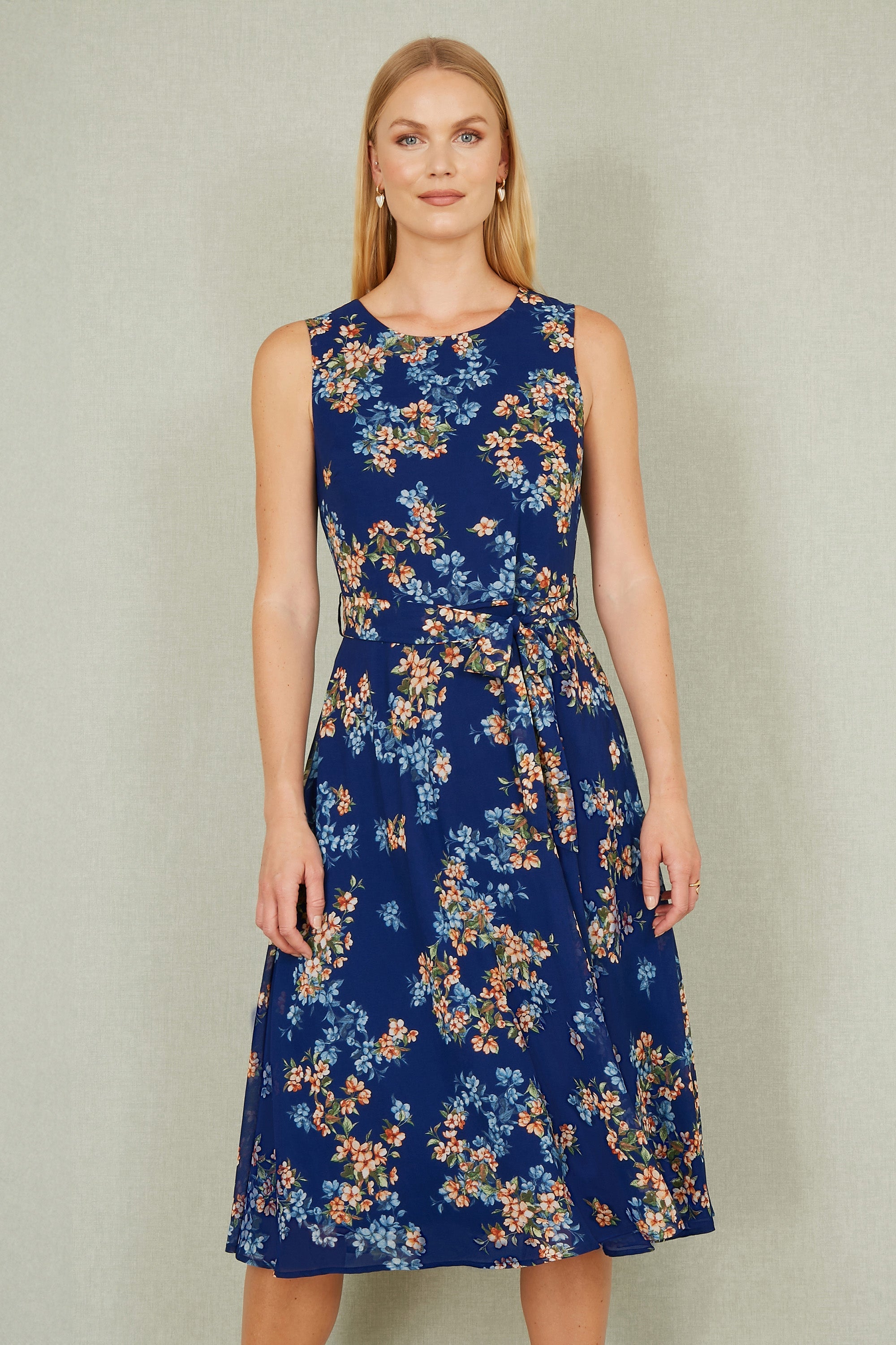 Yumi Navy Floral Skater Sleeveless Dress