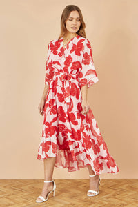 Yumi Red Kimono Sleeves Dip Hem Wrap Midi Dress