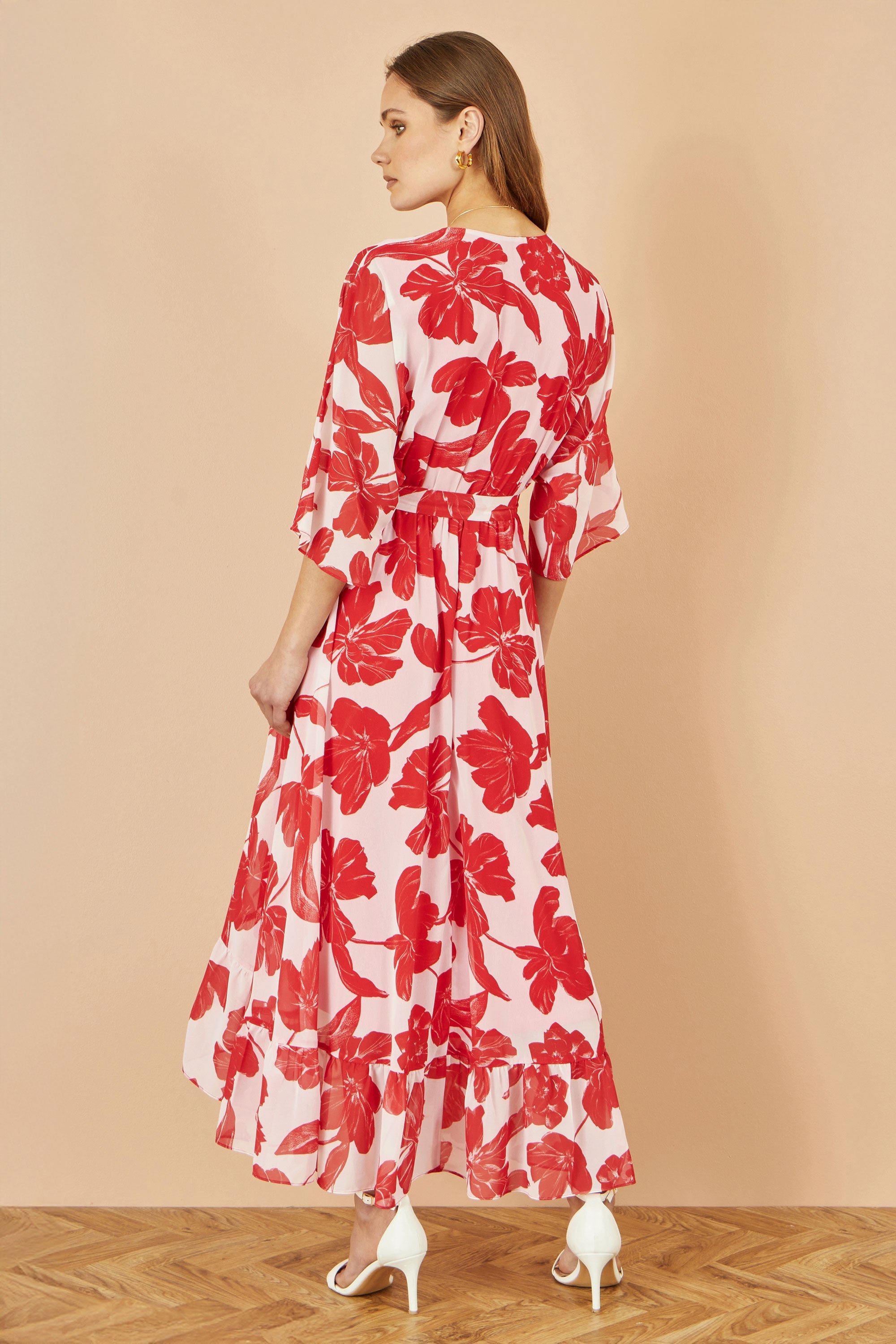 Yumi Red Kimono Sleeves Dip Hem Wrap Midi Dress