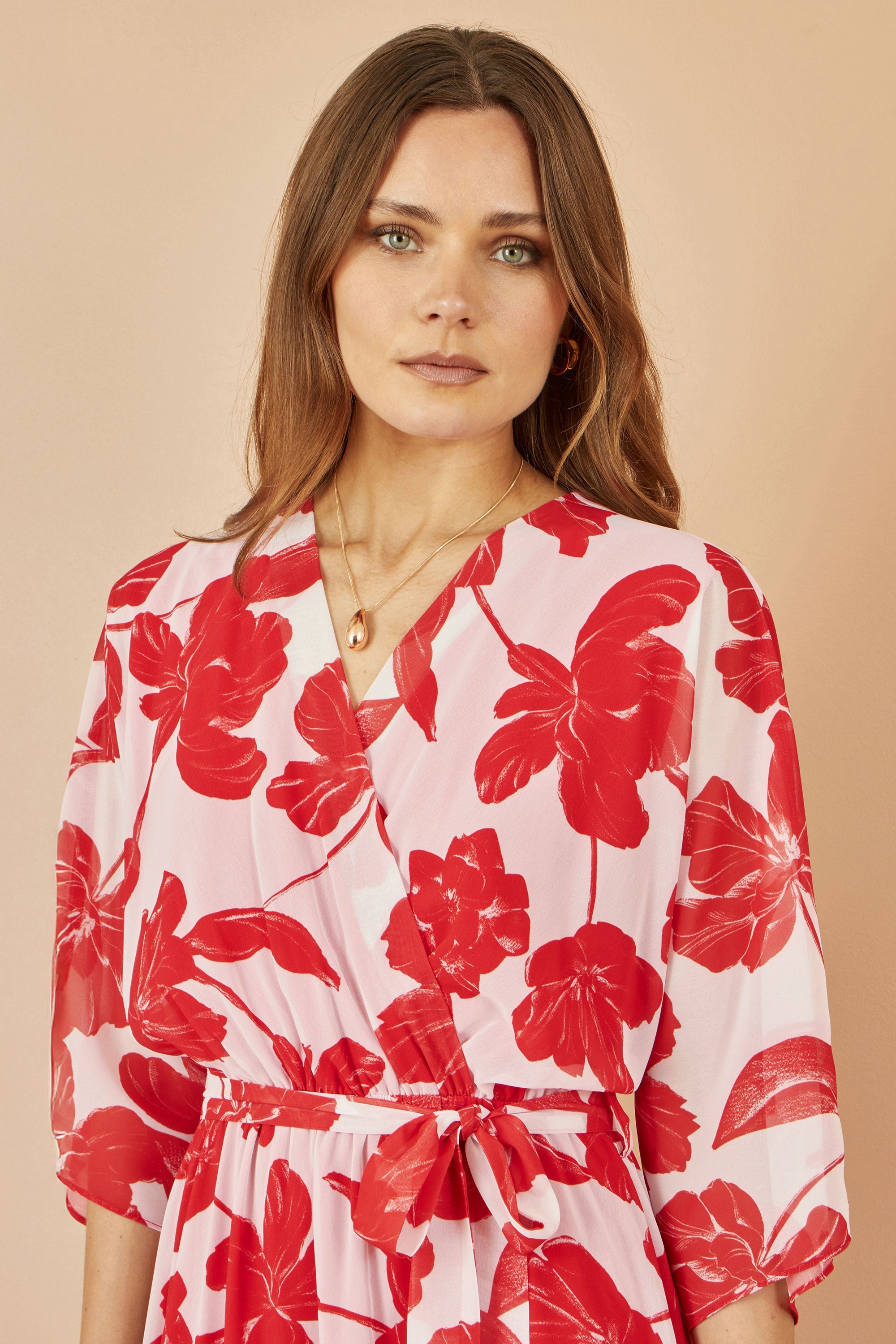 Yumi Red Kimono Sleeves Dip Hem Wrap Midi Dress