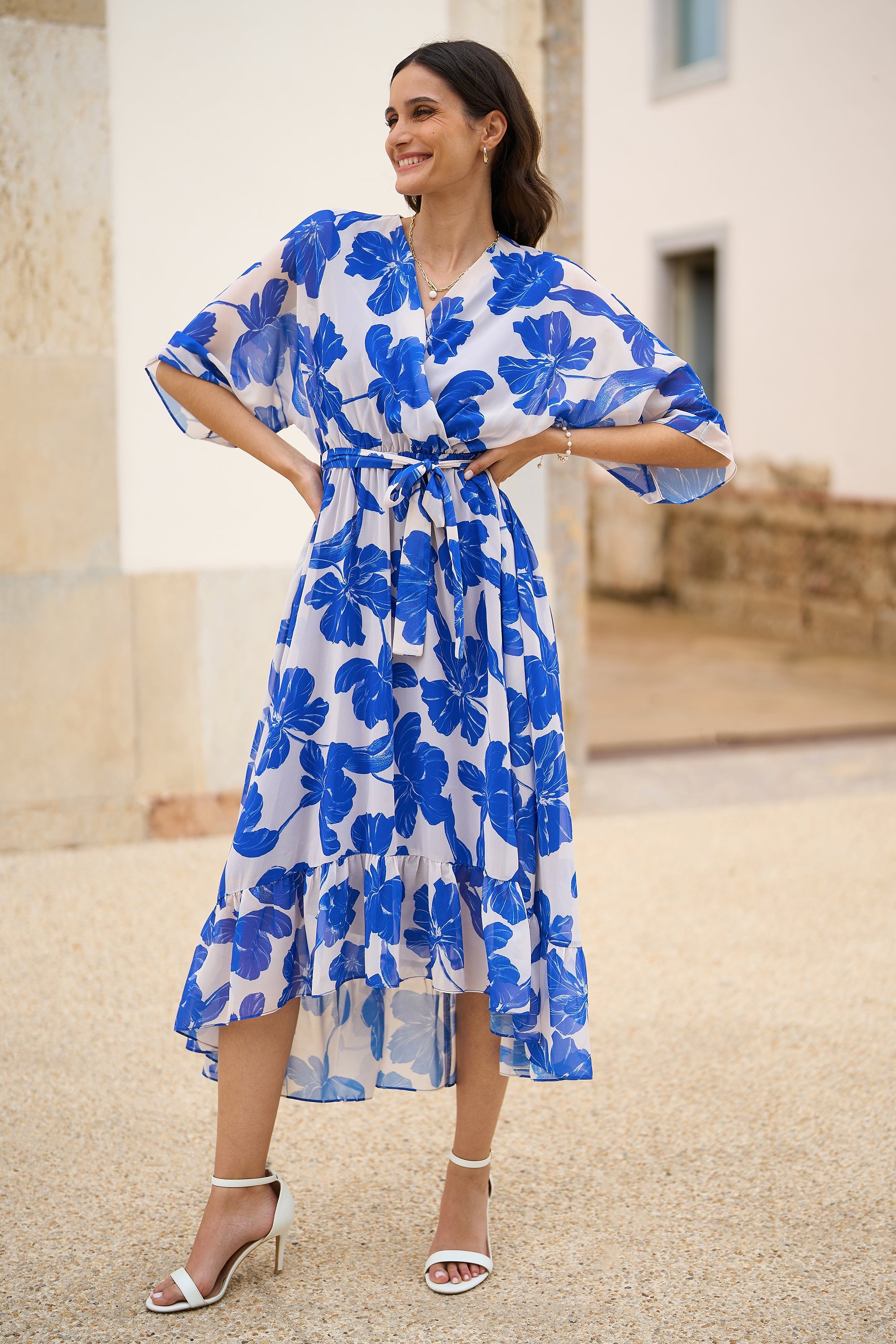 Yumi Navy Kimono Sleeves Midi Dip Hem Wrap Midi Dress