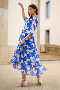 Yumi Navy Kimono Sleeves Midi Dip Hem Wrap Midi Dress