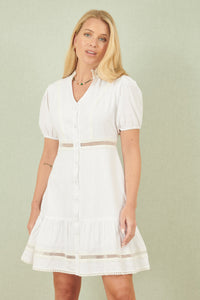 Yumi White Cotton Lace Trim Skater Shirt Dress