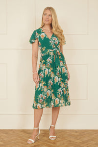Yumi Green Floral Pleated Wrap Dress