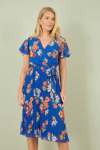 Yumi Blue Floral Pleated Wrap Dress