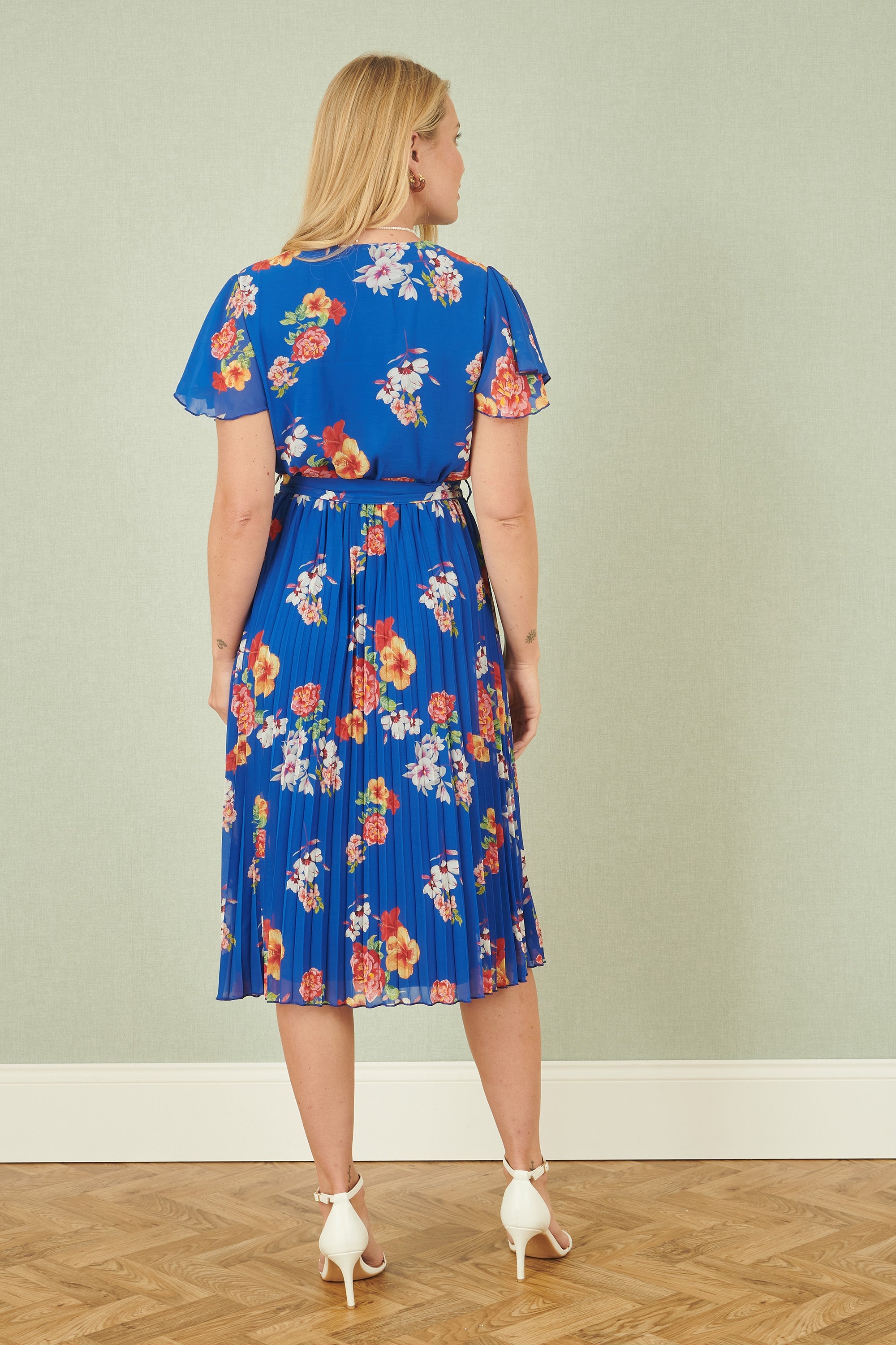 Yumi Blue Floral Pleated Wrap Dress