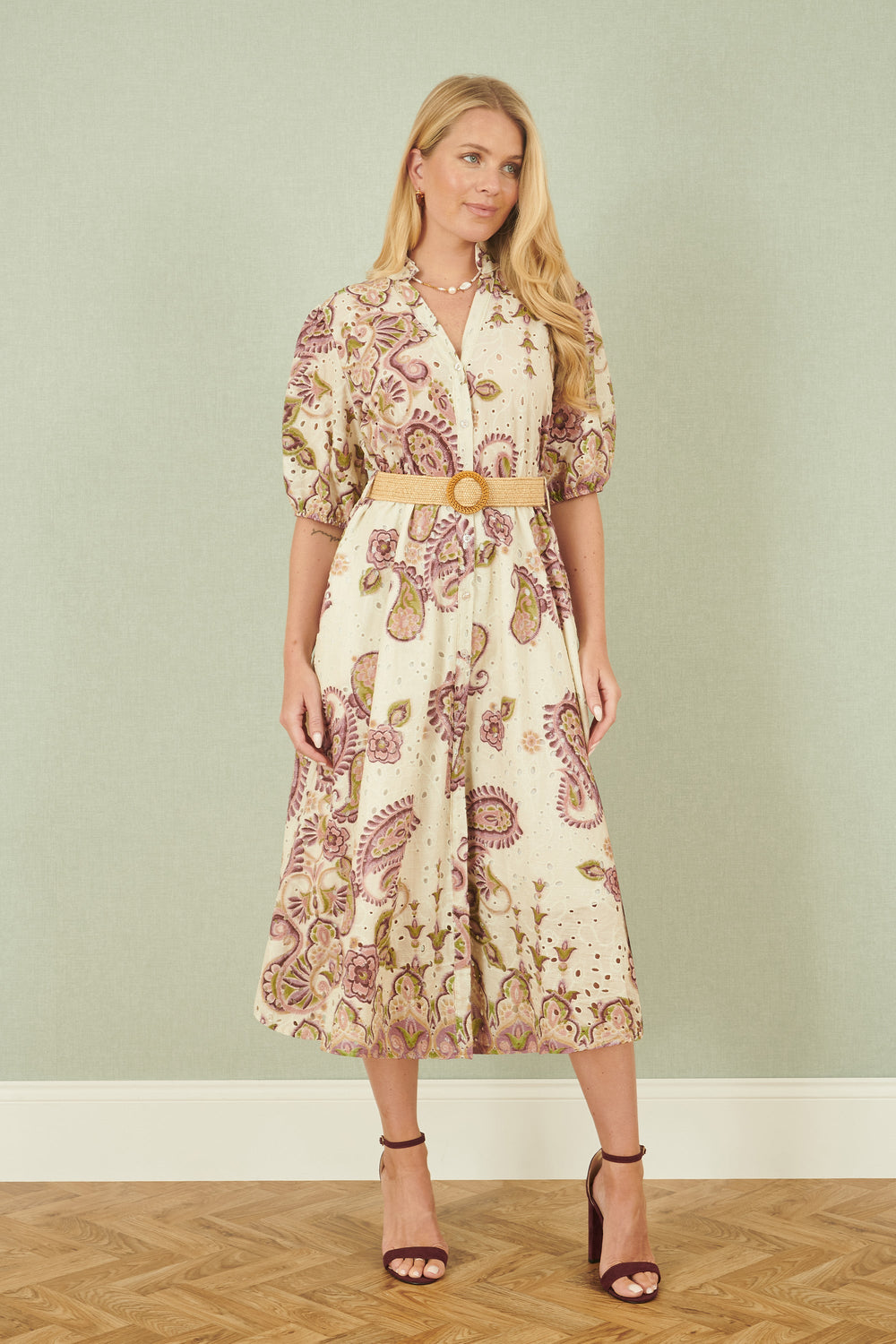 Yumi White Paisley Print Broderie Anglaise Cotton Midi Dress