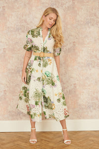 Yumi Green Cotton Broderie Anglaise Midi Shirt Dress