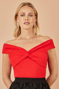 Yumi Red Jersey Cotton Bardot Top With Knot Detail