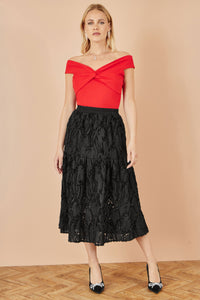 Yumi Red Jersey Cotton Bardot Top With Knot Detail