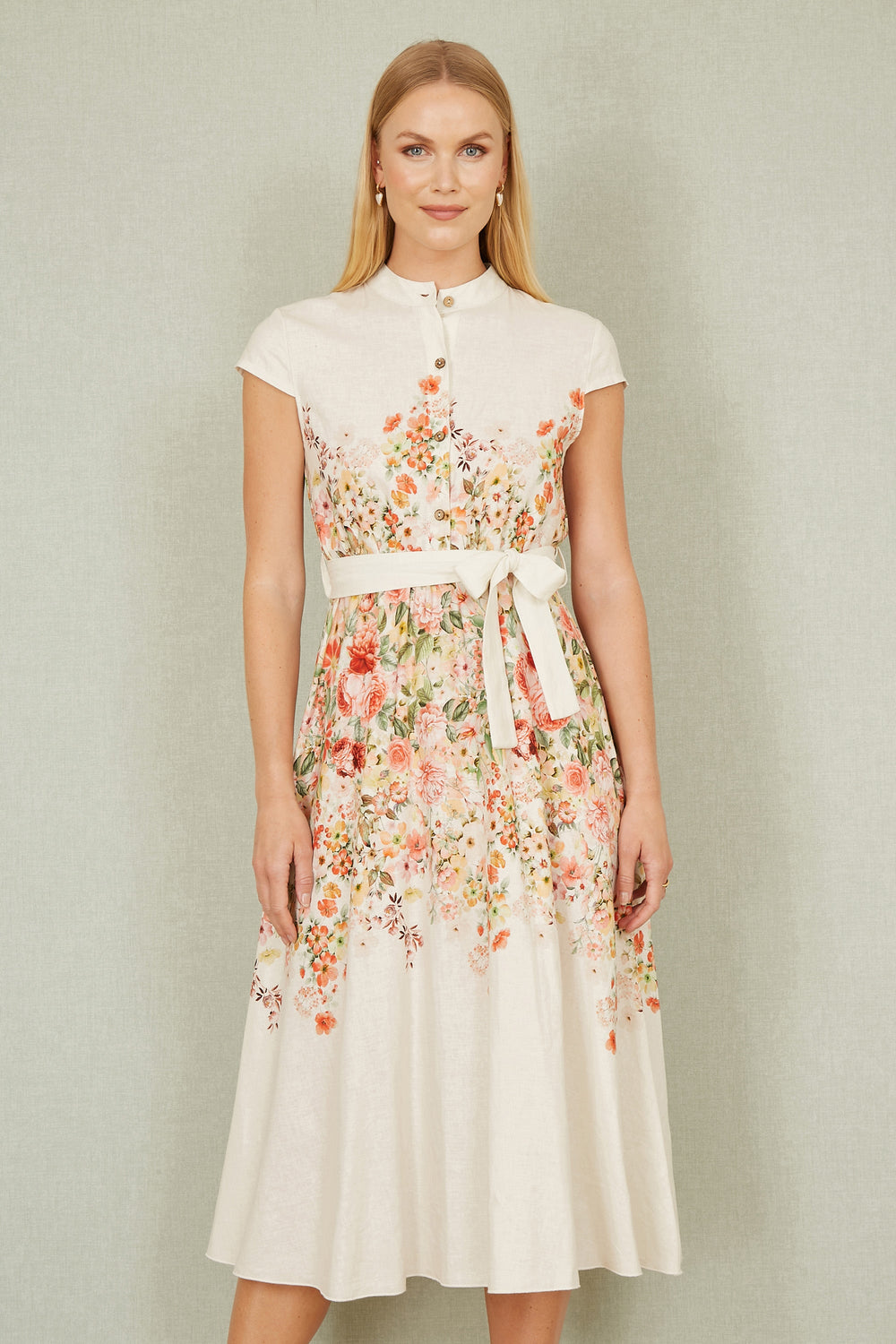 Yumi White Linen Floral Mirrored Placement Skater Dress