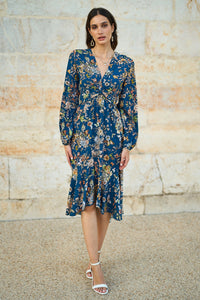 Yumi Blue Butterly Floral Tie Knot Front Long Sleeve Midi Dress