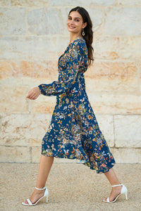 Yumi Blue Butterly Floral Tie Knot Front Long Sleeve Midi Dress