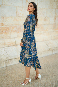 Yumi Blue Butterly Floral Tie Knot Front Long Sleeve Midi Dress