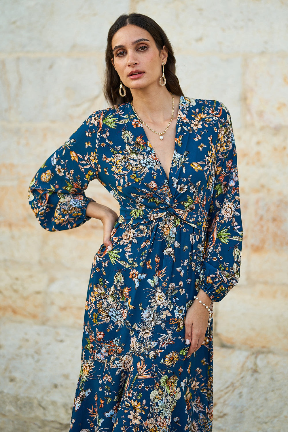 Yumi Blue Butterly Floral Tie Knot Front Long Sleeve Midi Dress