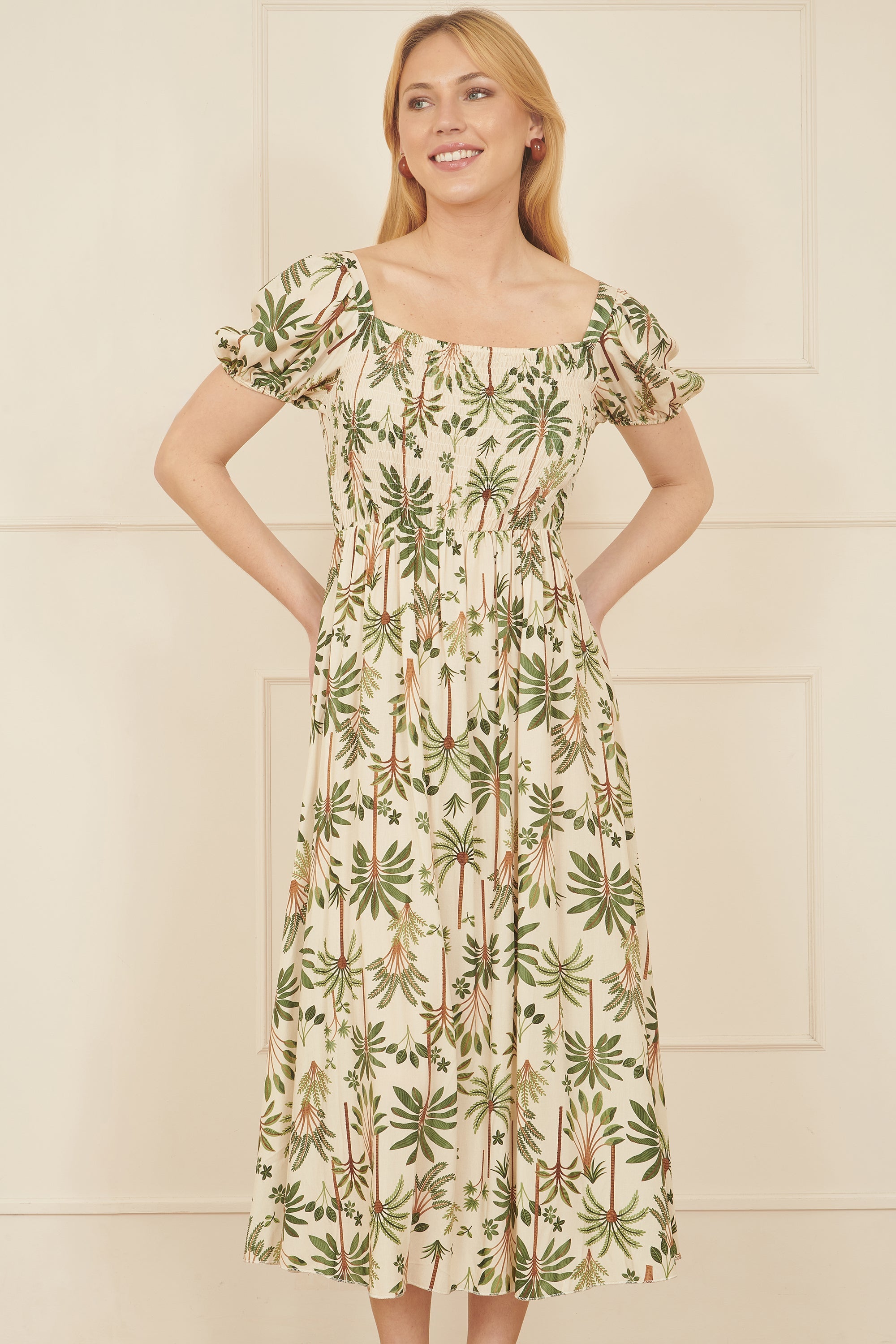 Yumi White Cotton Palm Print Ruched Midi Dress