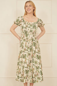 Yumi White Cotton Palm Print Ruched Midi Dress
