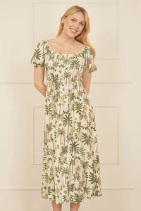 Yumi White Cotton Palm Print Ruched Midi Dress