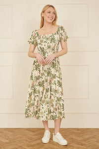 Yumi White Cotton Palm Print Ruched Midi Dress