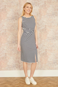 Yumi Navy Striped Jersey Ruched Midi Dress