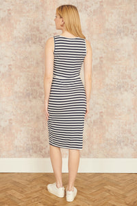 Yumi Navy Striped Jersey Ruched Midi Dress