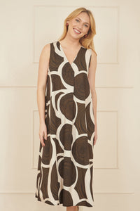 Yumi Brown Cotton Abstract Circle Trapeze Midi Dress