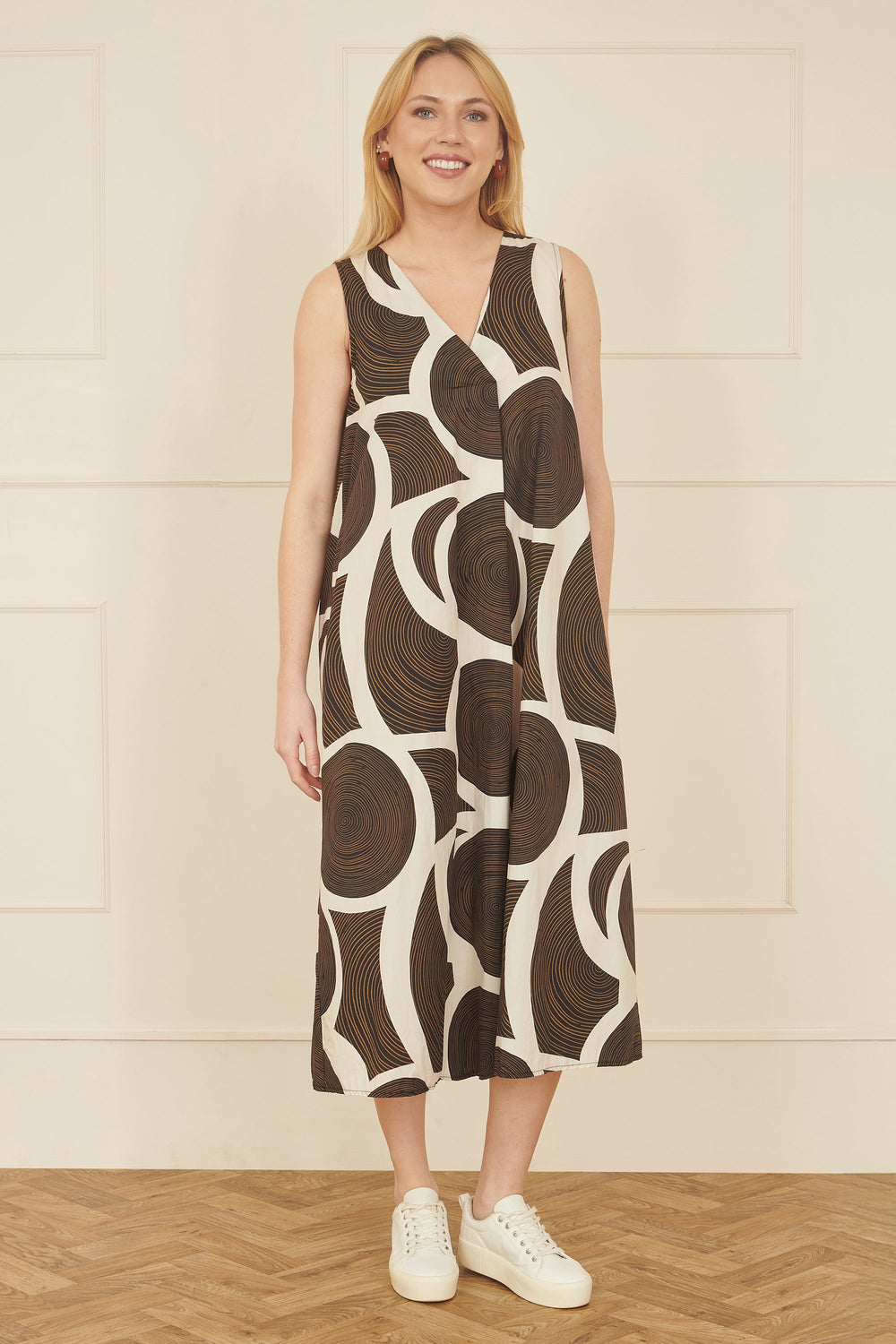 Yumi Brown Cotton Abstract Circle Trapeze Midi Dress