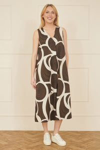 Yumi Brown Cotton Abstract Circle Trapeze Midi Dress