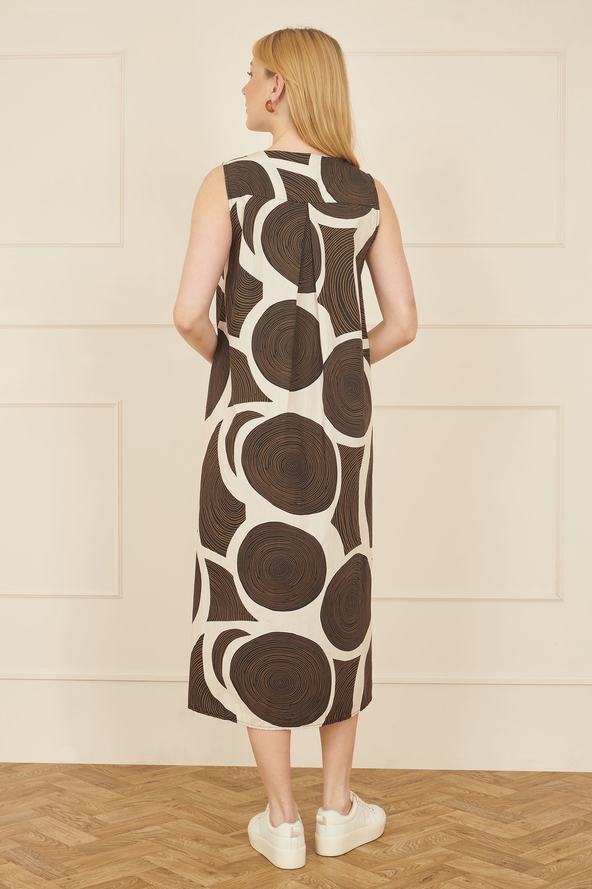 Yumi Brown Cotton Abstract Circle Trapeze Relaxed Midi Dress