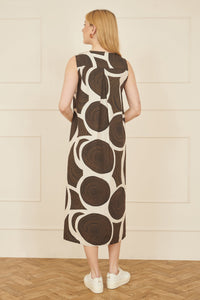 Yumi Brown Cotton Abstract Circle Trapeze Midi Dress