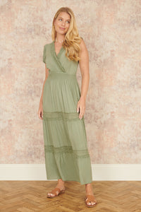 Yumi Green Viscose Lace Trim Wrap Maxi Dress for Effortless Summer Style