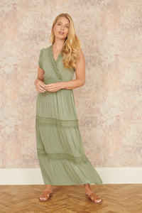 Yumi Green Viscose Lace Trim Wrap Maxi Dress for Effortless Summer Style