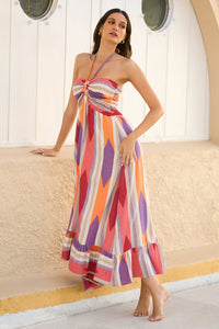 Yumi Multicolour Block Print Halter Neck Cotton Maxi Dress