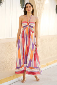 Yumi Multicolour Block Print Halter Neck Cotton Maxi Dress