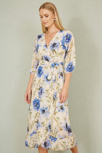 Yumi Cream Vintage Floral Wrap Midi Dress With Frill