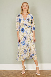 Yumi Cream Vintage Floral Wrap Midi Dress With Frill